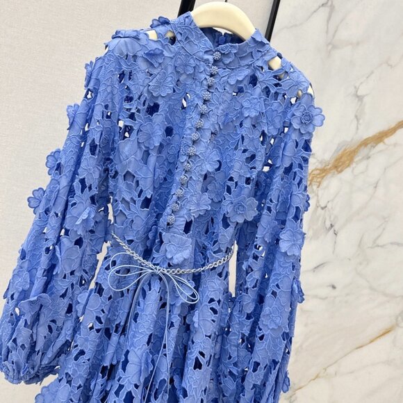 Zimmermann Blue Lace Mini Dress Long Sleeve Floral Lace Belted Dress - Picture 4 of 9